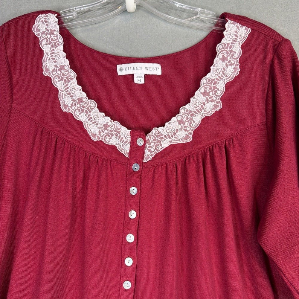 Eileen West Nightgown Womens M Red Lace Trim Long Sleeve Sleep Dress - Picture 3 of 10